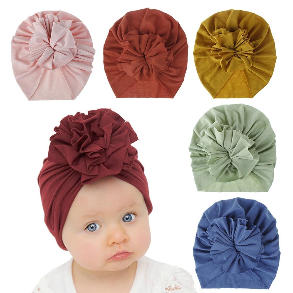 Handmade Pleated Flower Babies' Knitted Cotton Cloth Turban For Baby Girls In Elegant Style