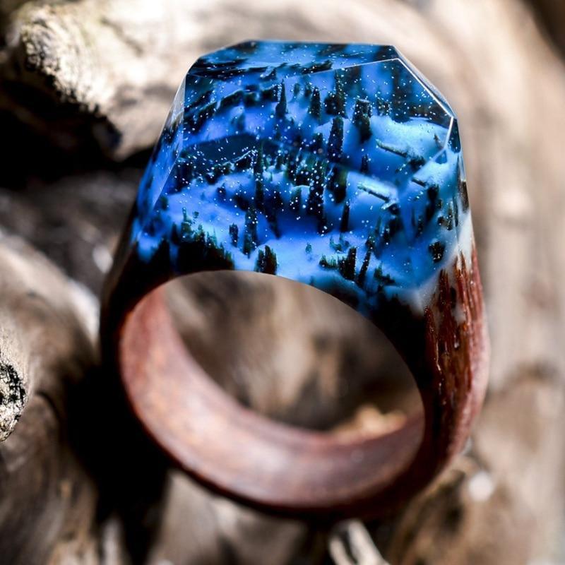 Luxury Handmade Unique Unisex Ring For Womens and Men  Wood Resin Ring Handmade Snowy Mountain Forest Micro Landscape Wooden Rings