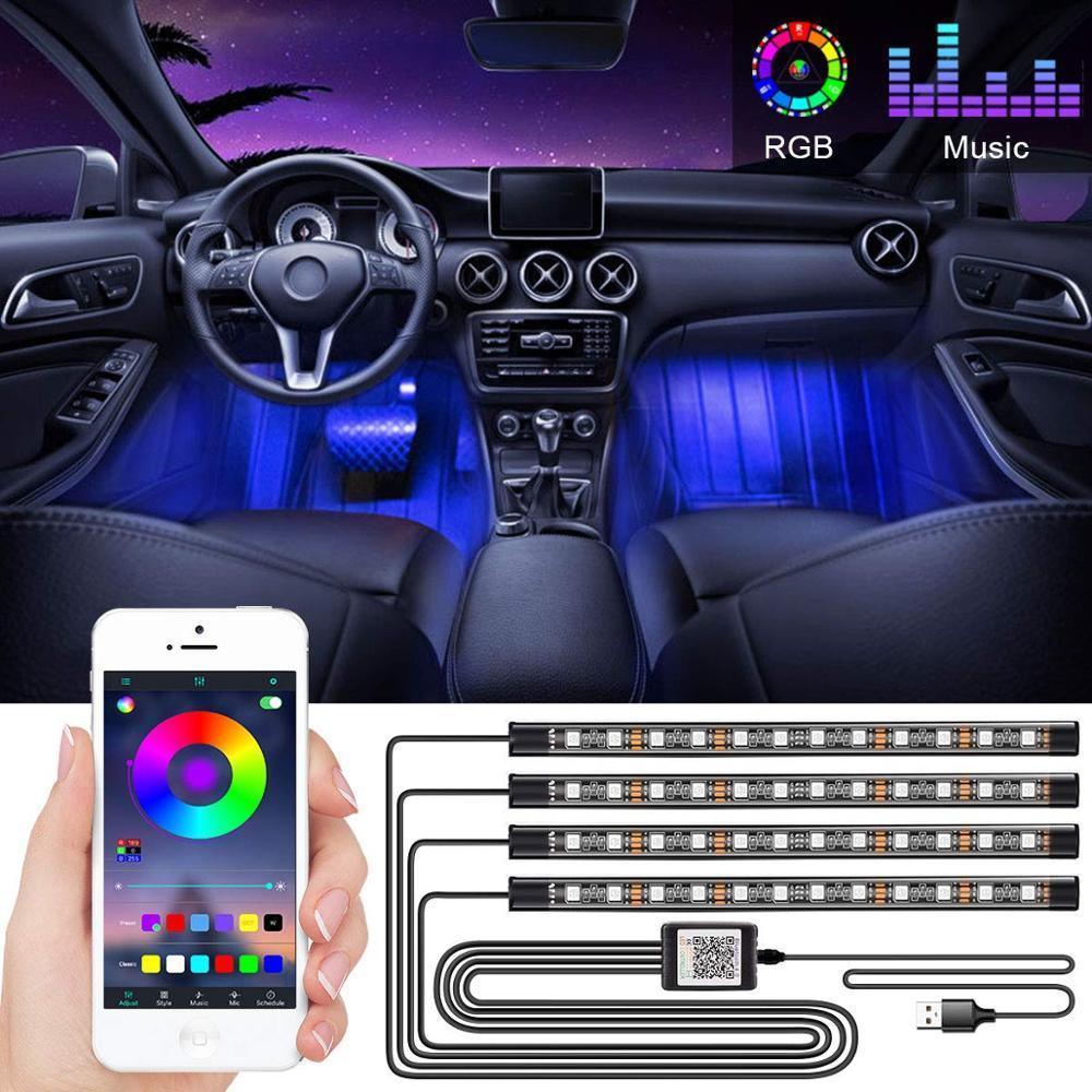 Interior Car Lights LED Car Strip Lights with Two-Line Waterproof Design RGB LED Strip Light With USB Wireless Remote Music Control Multiple Modes and Music Sync Under Dash Car Lighting with Car Charger, DC 12V