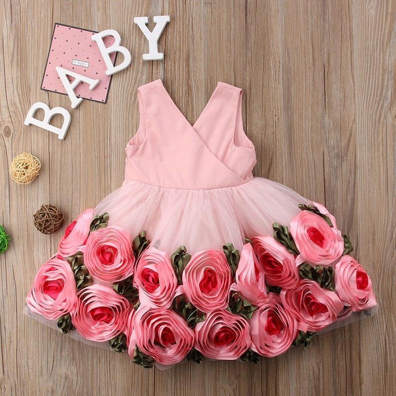 Luxury Modern Handmade Girls Sweetness Flower Kids Dress Princess Summer Sleeveless Mini Tutu Dress Childs Bow Pink Yellow Red Girls Clothing Dress