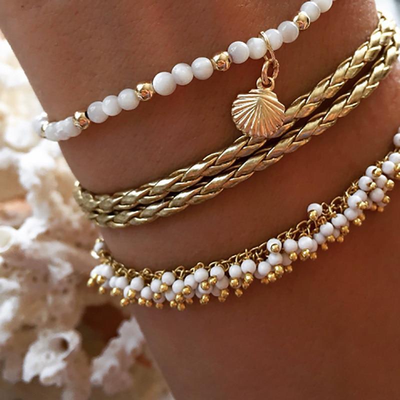 Luxury Leg Brecelet Gold Color Tassel Beads Anklet Bracelet for Leg for Women Set