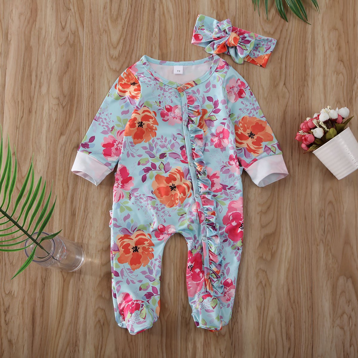 Baby Girls Footies Floral Print Ruffles Single Breasted Playsuit Headband Clothes Outfits For Girls with Bow Floral Printed