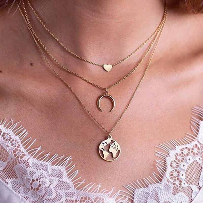 Luxury Modern Gold World Map Choker Map Crescent Moon Necklaces&Pendants Dainty For Women and Girls