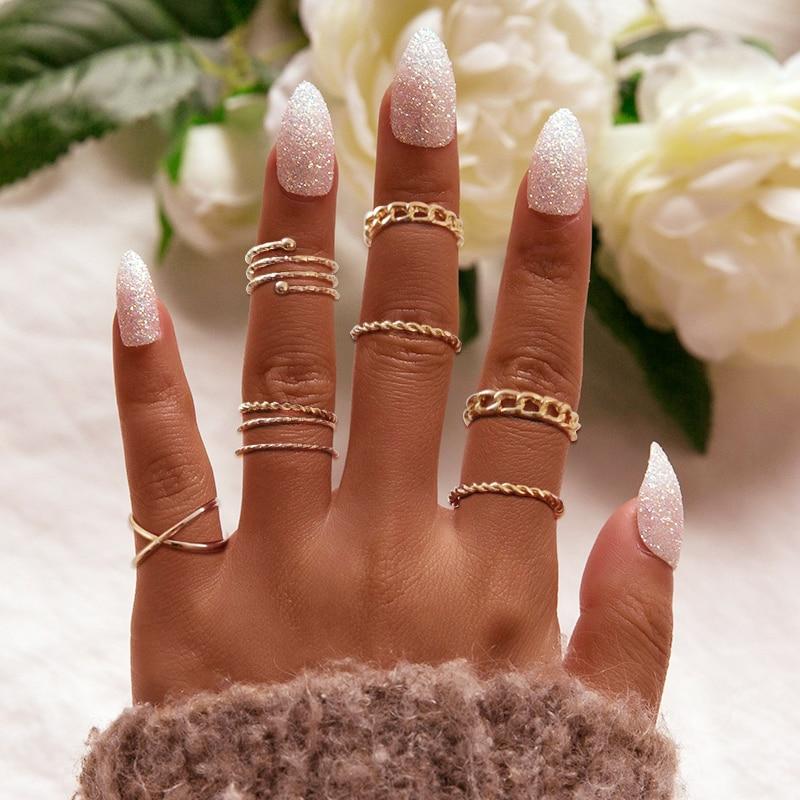 Boho Women Rings Set Compass Arrow Starfish Wave Moon Eyes Gem Gold Silver Color Opening Midi Ring Charm Lady Jewelry