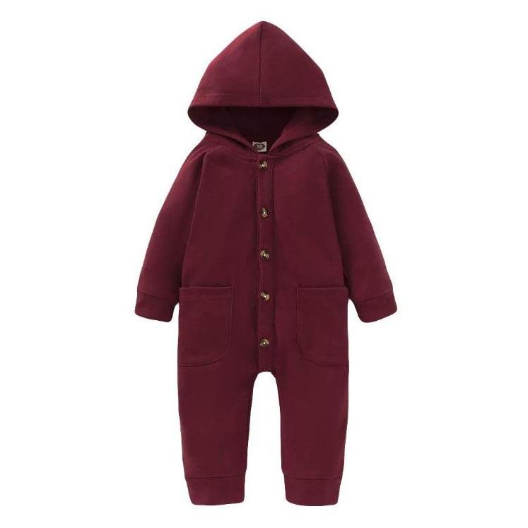 Newborn Clothing Solid Long Sleeve Hooded Button Pockets Romper Winter Warm Jumpsuit for Girls and Boys