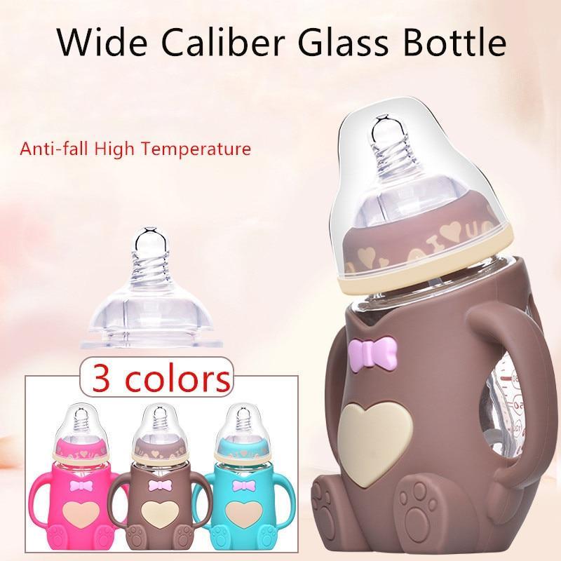 Infant Cartoon Baby Cute Feeding Glass Bottle Safe Silicone Milk Bottle With Handle Newborn Drink Training Colorful Feeding Bottles