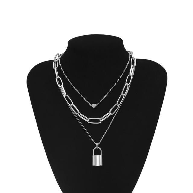 Multi Layer Lover Lock Pendant Choker Chain  Necklace For Women Luxury Jewelry Cool Style