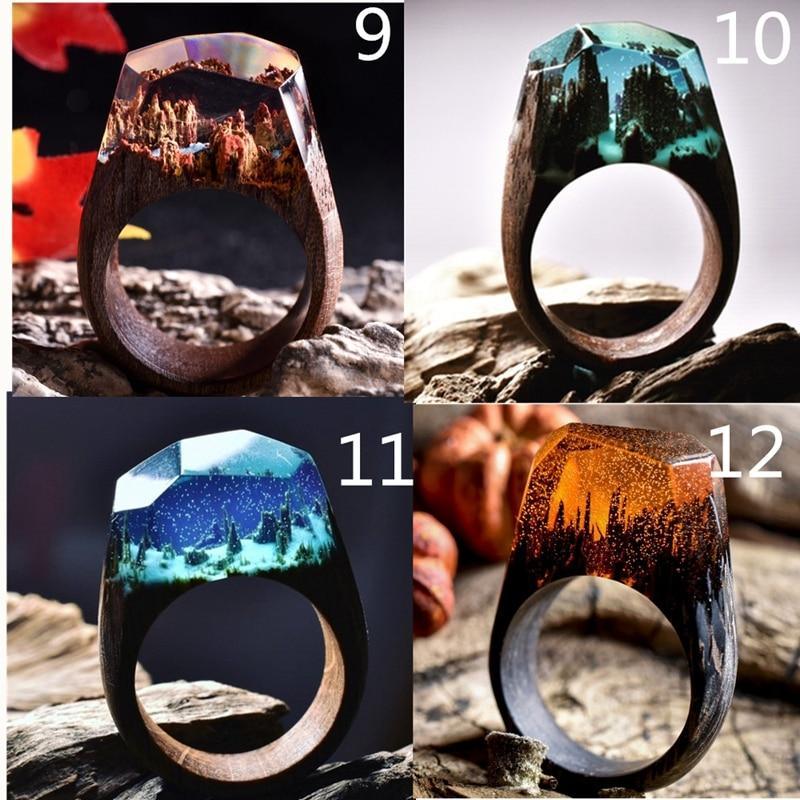 Luxury Handmade Unique Unisex Ring For Womens and Men  Wood Resin Ring Handmade Snowy Mountain Forest Micro Landscape Wooden Rings