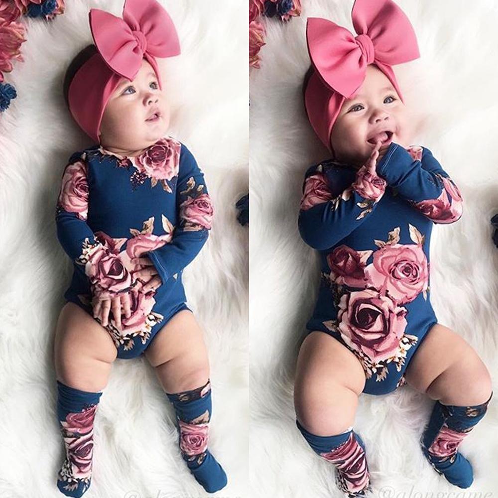 Newborn Baby Girls Floral Clothes Spring Autumn Long Sleeve Romper Warm Leg Socks Outfits Romer and Jumpsuit For Kids With Socks in Floral New Design