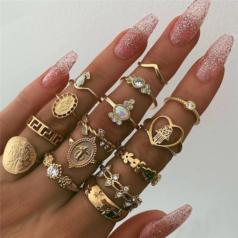 Boho Vintage Gold Star Knuckle Rings For Women BOHO Crystal Star Crescent Geometric Female Finger Rings Set Jewelry