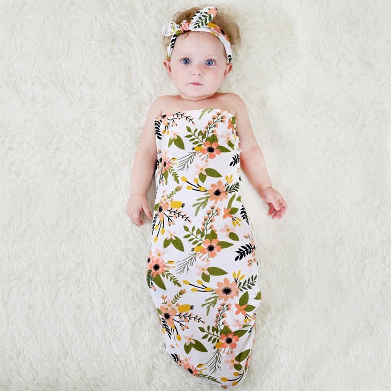 Swaddle Blanket Set Receiving Wrap Props Newborn Infant Boy Girl Headwear Flower Print Romper With Bow