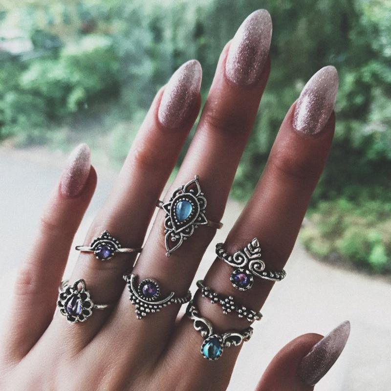 Boho Women Rings Set Compass Arrow Starfish Wave Moon Eyes Gem Gold Silver Color Opening Midi Ring Charm Lady Jewelry