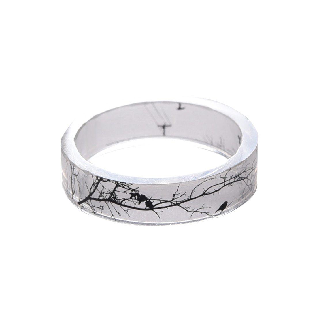 Transparent Resin Ring Elegant Tree And Birds Ink Luxury Painting Scenery Inside Apstact for Women Finger