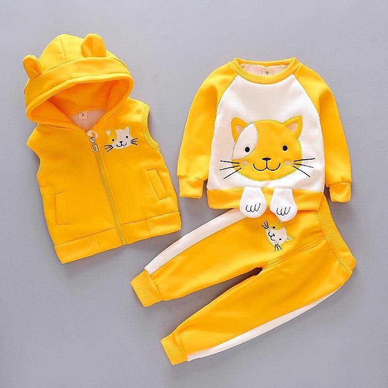 Baby Clothes Winter Thick And Warm Three-piece Cartoon Bear And Fox Printed Sweater Hooded Baby Girl Clothing Set Sweater and Pants