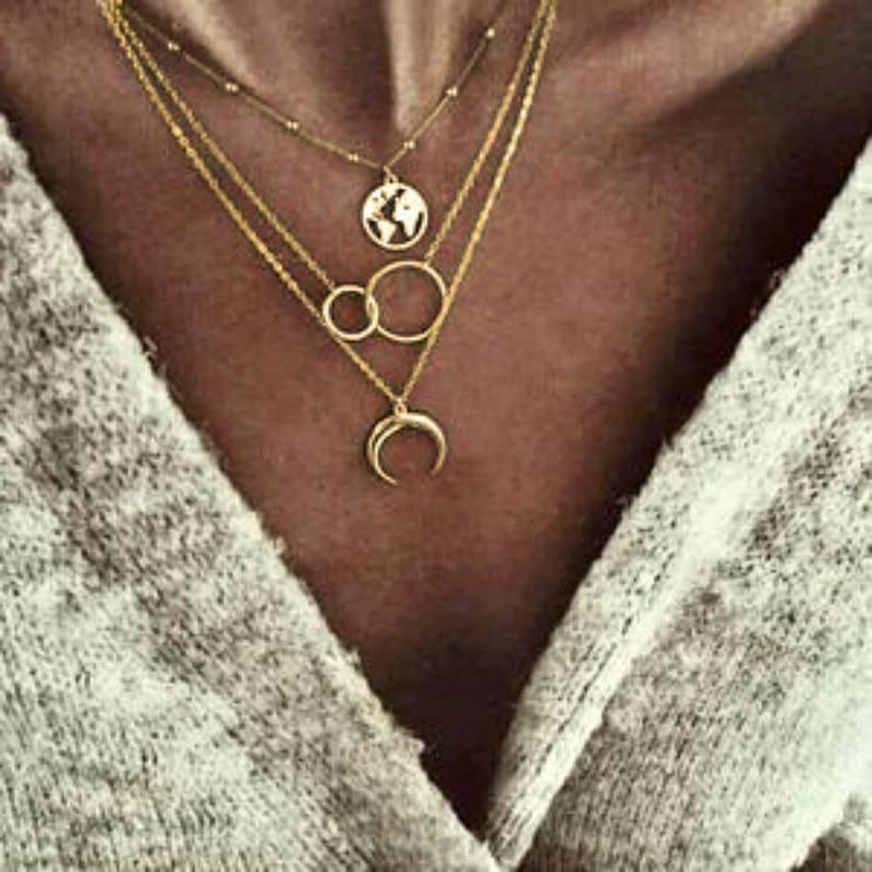 Luxury Modern Gold World Map Choker Map Crescent Moon Necklaces&Pendants Dainty For Women and Girls