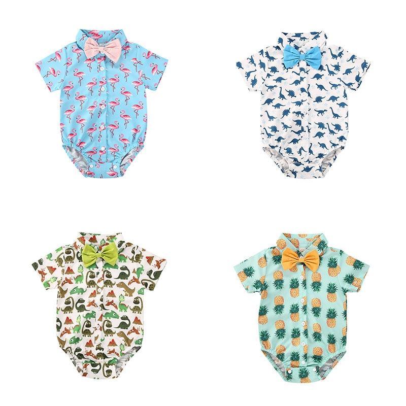 Newborn Boys Bodysuits Bow Short Sleeve Print Single Breasted Jumpsuits Shirt For Baby With Elegant Bow