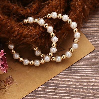 Elegant Plain Gold Metal Pearl Hoop Earrings In Fashion Big Circle Style For Women