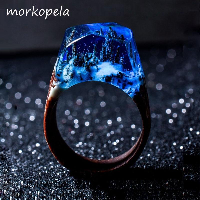 Epic Handmade Luxury Wedding Wood Resin Stone Ring Elegant With Magnificent Fantasy Secret Magic Landscape Wooden for Women and Men