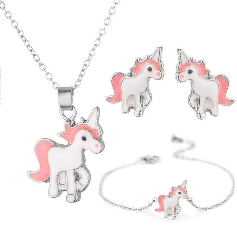 Modern Luxury New Elegant Necklace Earrings and Brecelet in On Amazing Good-Looking Cartoon Unicorn Set For Girls Kids and Woman