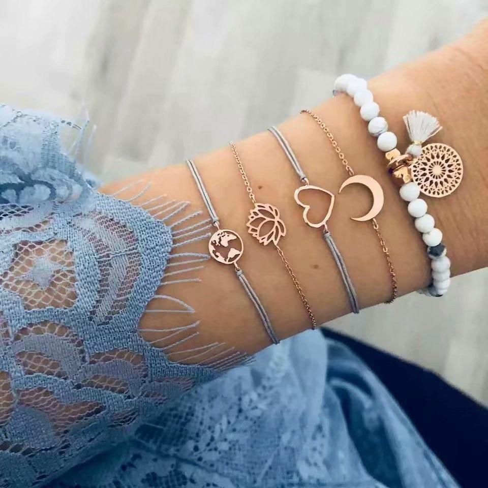 Boho Rose Map Bracelets & Bangles for Women Bohemian Round  Charm Bracelet Set Fashion Multilayer Accessories Luxury Jewelry