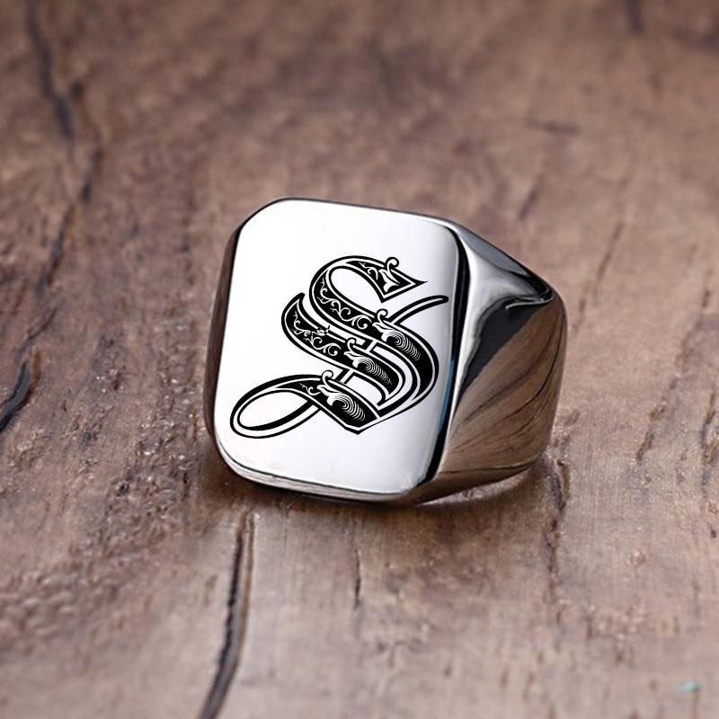 Modern Letter Retro Initials Signet Ring for Men 18mm Bulky Heavy Stamp Male Band Stainless Steel Letters Custom Jewelry Gift for Him