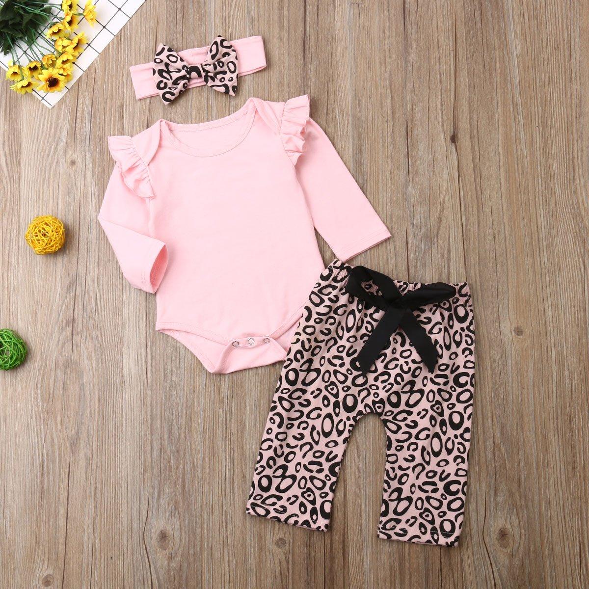 Newborn Baby Girl Clothes Fly Sleeve Knitting Cotton Romper Tops Leopard Print Long Pants Headband 3Pcs Outfits Clothes