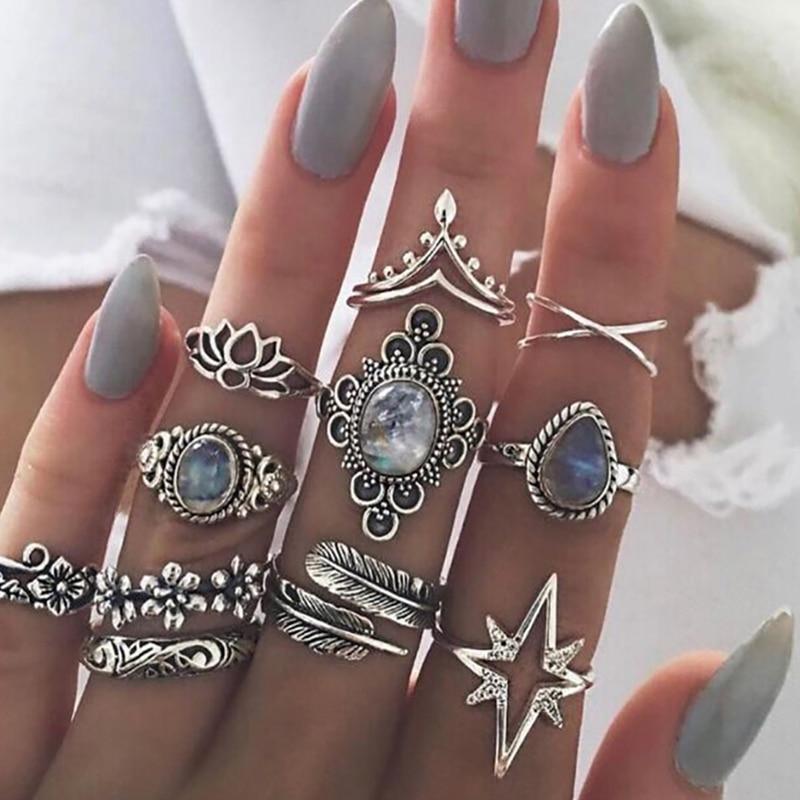 Modern Bohemian Retro Crystal Flower Leaves Hollow Lotus Gem Silver Color Ring Set For Women Excelent For Wedding Anniversary Party