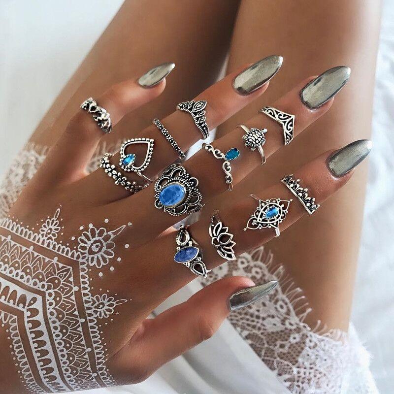 Boho Vintage Gold Star Knuckle Rings For Women BOHO Crystal Star Crescent Geometric Female Finger Rings Set Jewelry