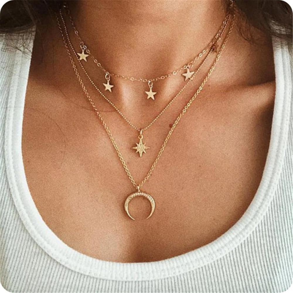 Boho Coin Shell Rose Pendant Necklace For Girl Moon Crystal Choker Necklaces Women Beach Fashion Statement  Jewelry