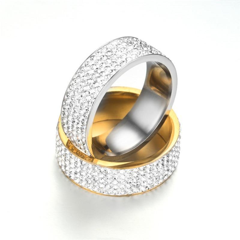 Luxury Modern Stainless Steel Ring With 5 Rows Gold Color Diamonds Crystal Ring Made for Wedding Rings for Women Men In Elegant Jelwery  Design