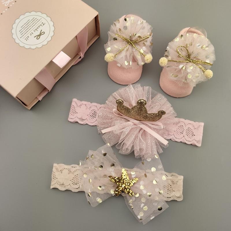 Flower Baby Girl Headband Socks Set Shoes With  Crown Bows Newborn Headbands For Girls Turban Baby Hair Accessories