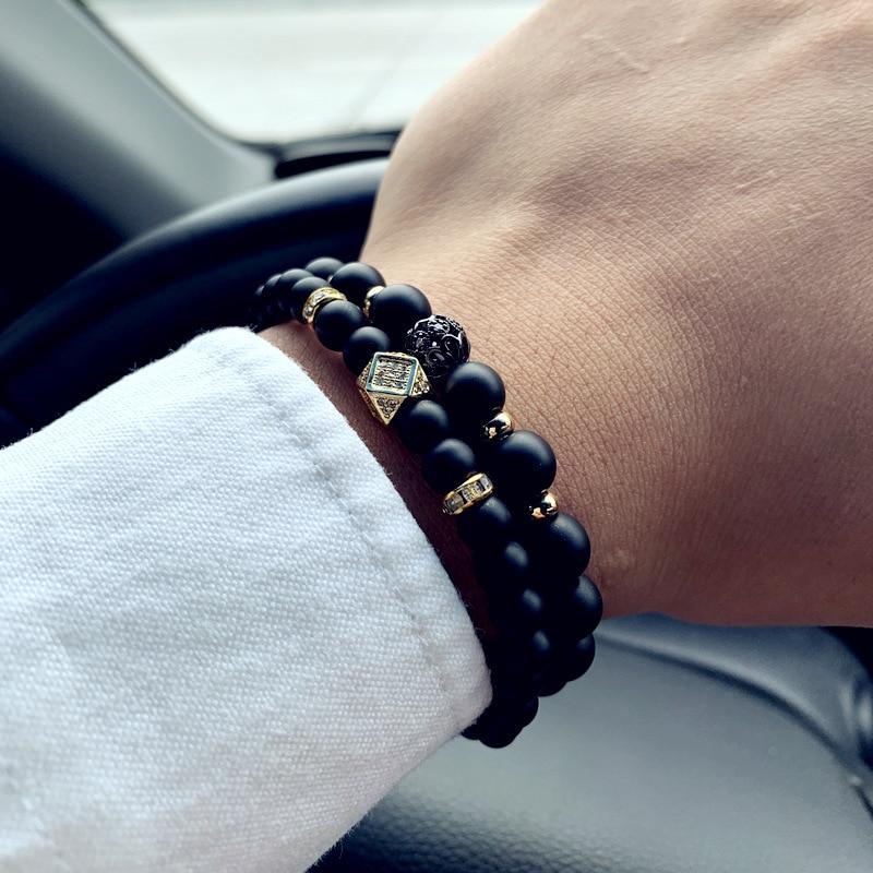 Modern New Fashion Crown And Lion Charm Elegant Bracelet For Men Classic Matte And Lava Stone Set Luxury Bracelet For Men Pave CZ Jewelry Gift