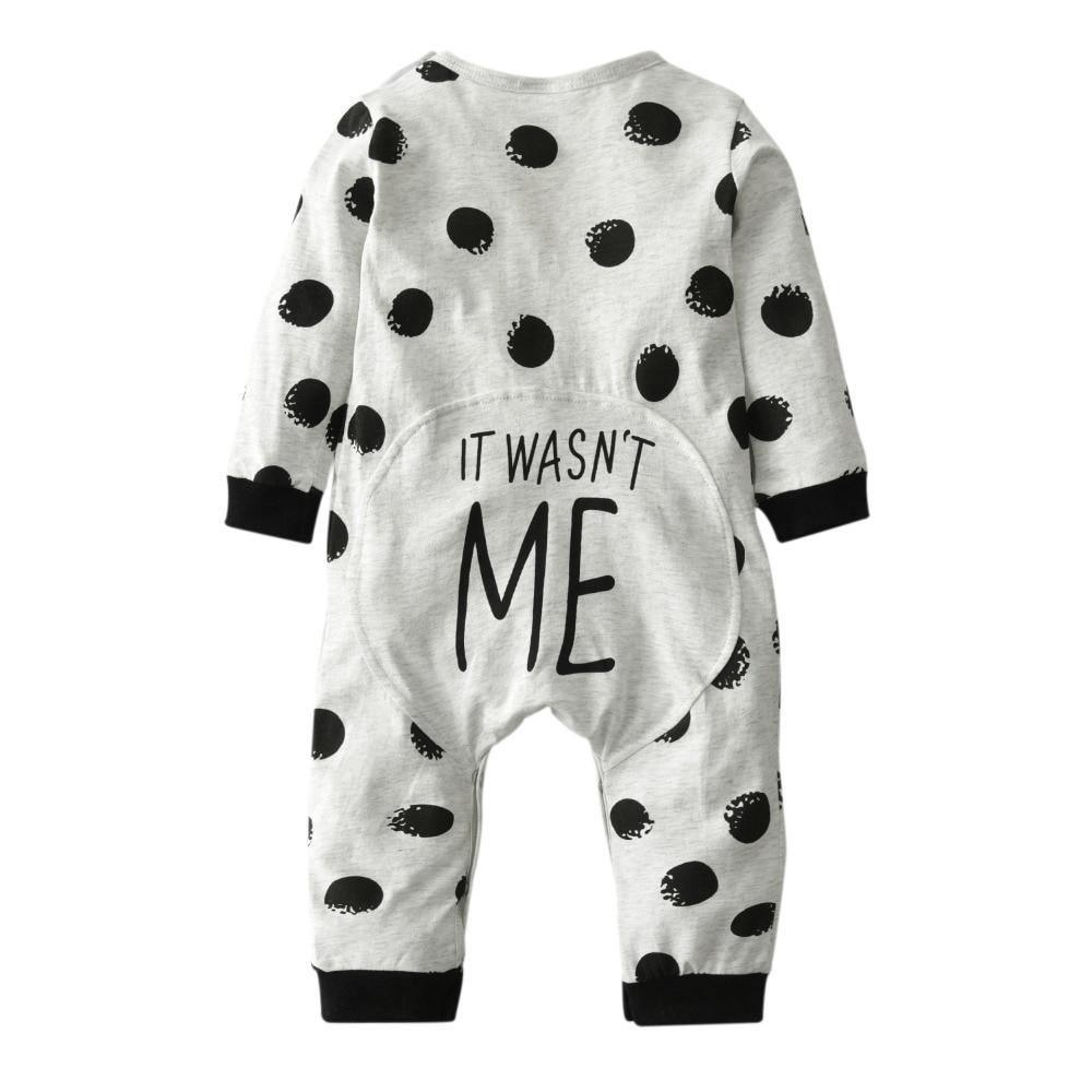 Fashion "It wasnt me " Baby Boy Girl Clothes Newborn Toddler Long-sleeved Dot jumpsuit Infant Clothing set Outfits