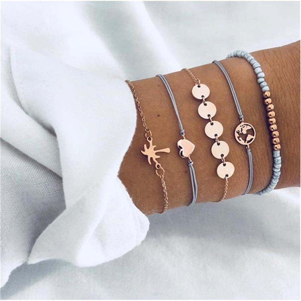 Fashion Bohemia Leaf Round Knot Cuff Bangle Gold Chain Charm Bracelet  for Women Simple Geometric Bracelets Luxury Jewelry