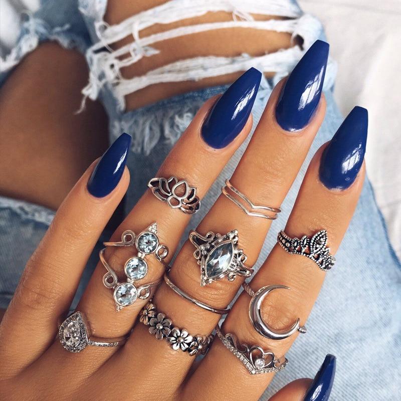 Boho Women Rings Set Compass Arrow Starfish Wave Moon Eyes Gem Gold Silver Color Opening Midi Ring Charm Lady Jewelry