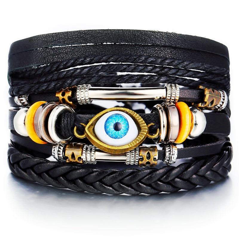 BOHO Tibet Stone Feather Multilayer Leather Bracelet Eye Fish Charms Beads Bracelets For Men Vintage Punk Wrap Wristband Cool Jewelry