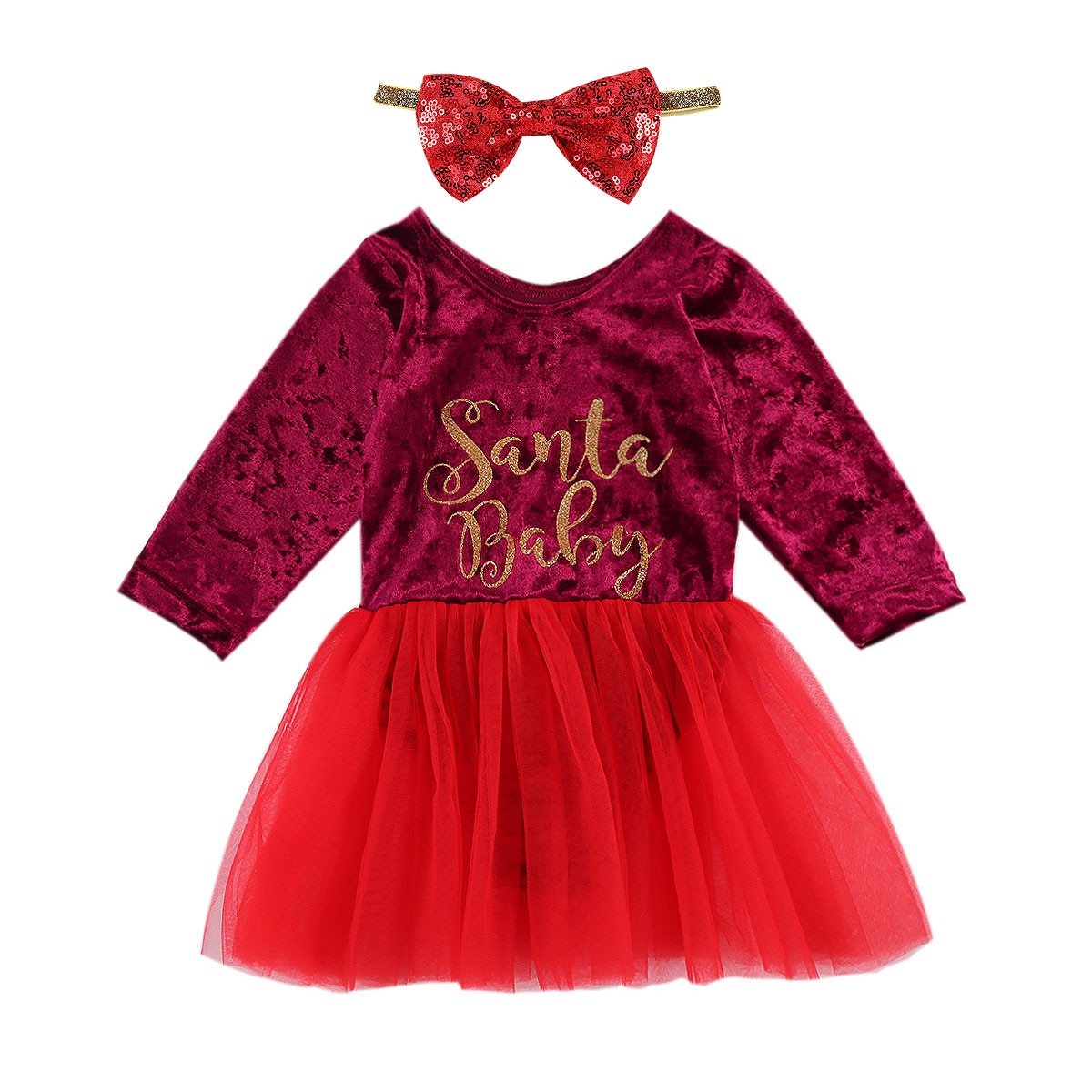 Autumn  Baby Girls Christmas Red Long Sleeve  Letters Printed Pattern Dress Festival Unique Design