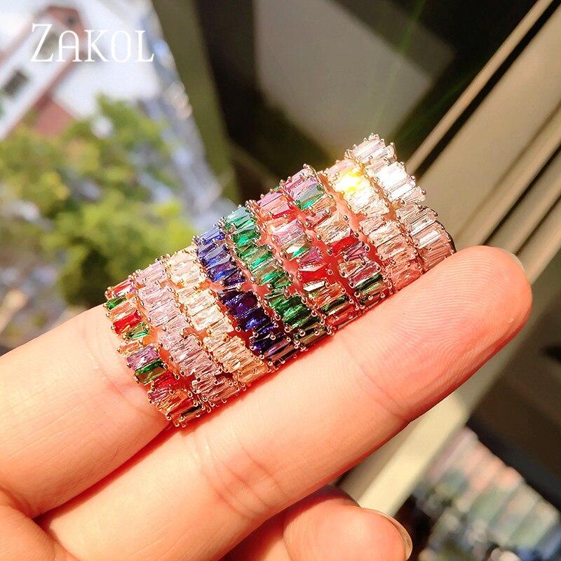 Fashion Luxury Multicolor Charm AAA Baguette Cubic Zirconia Wedding Rings for Women T Shape Stone Party Jewelry