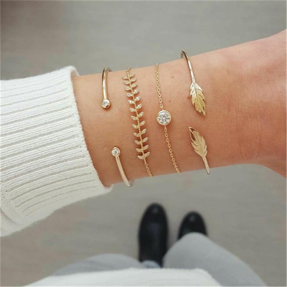 Fashion Bohemia Leaf Round Knot Cuff Bangle Gold Chain Charm Bracelet  for Women Simple Geometric Bracelets Luxury Jewelry