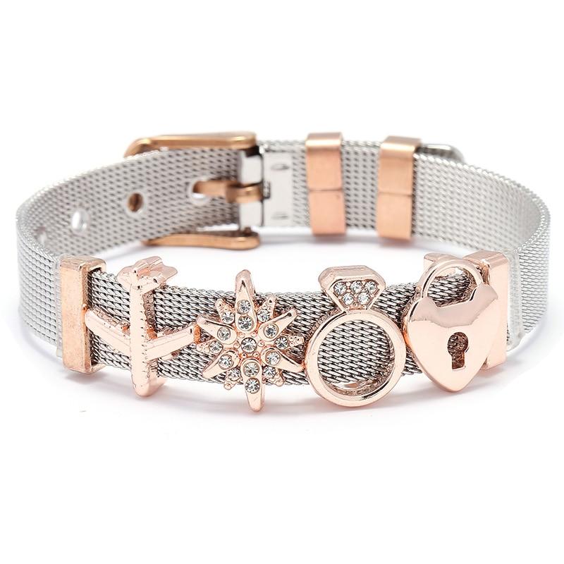 Fashion Stainless Steel Woman and Men Bracelet Mesh Bracelet Set Crystal Heart Anchor Charm Fine Bracelet Bangle For Female Lover