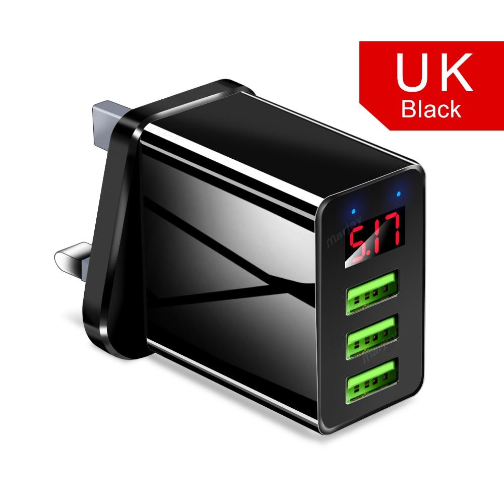 3 Ports Black USB Charger EU US Plug LED Display 3.1A Fast Charging Smart Mobile Phone Charger