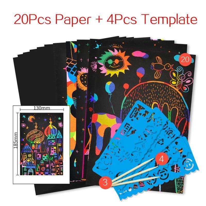 Magic Rainbow Color Scratch Art Paper Card Set With Graffiti Stencil Drawing Board Stick Art Painting Educational Toys