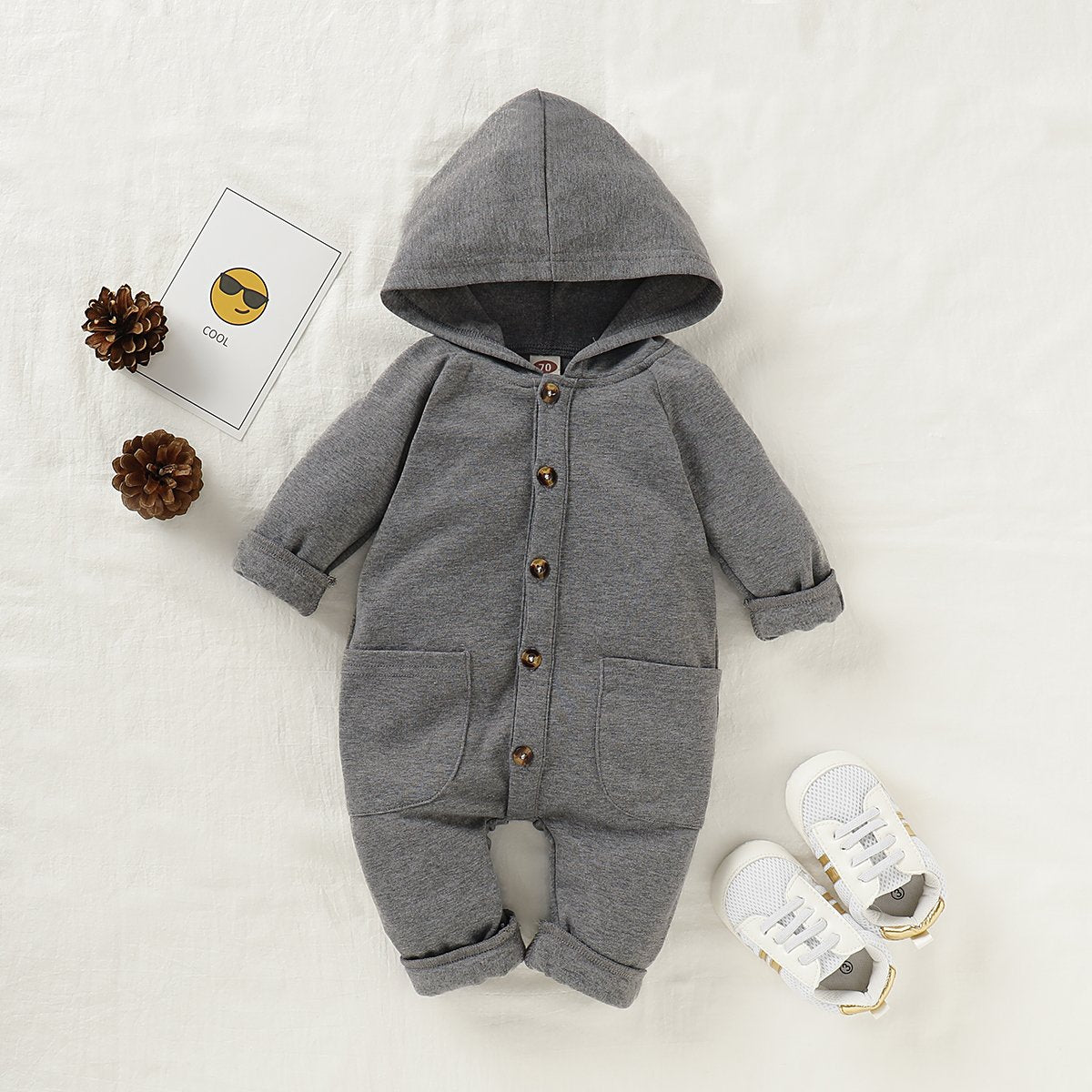 Newborn Clothing Solid Long Sleeve Hooded Button Pockets Romper Winter Warm Jumpsuit for Girls and Boys