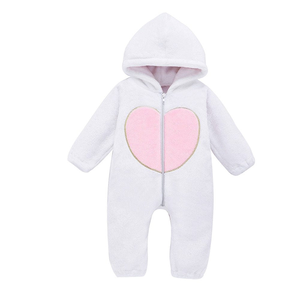 New Trend Cozy Warm Winter Newborn Zipper Heart Fleece Climbing Hooded Romper Baby Suit Outwear Jumpsuit For Baby Boys And Girls