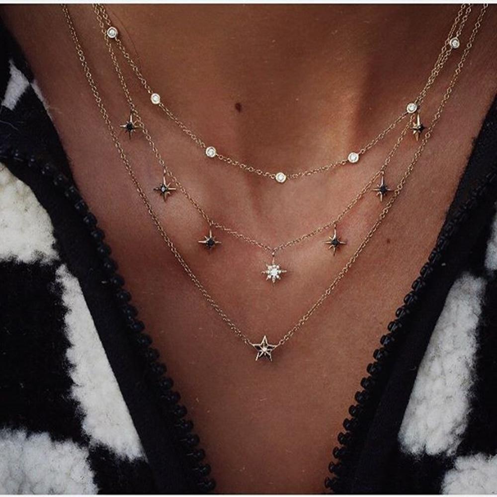 Luxury Modern Moon and Star Arabic Crystal Choker Multilayer Chain Necklaces For Women Luxury Jewelry Vintage Cool Style For Ladies