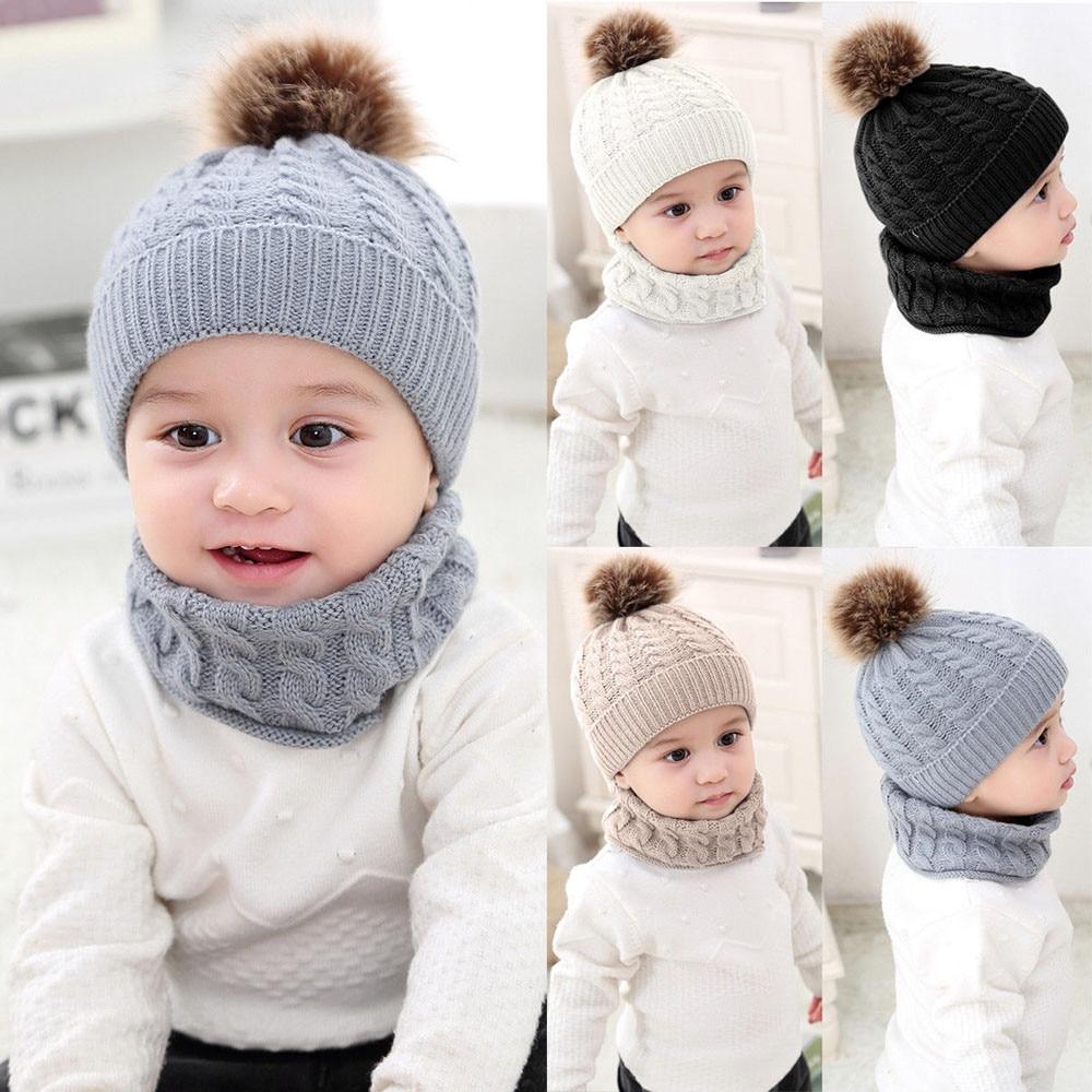 Trend New Toddler Hat Baby Girls and Boys Winter Warm Knitted Wool Hemming Hat Beanie Cap and Warm Scarf