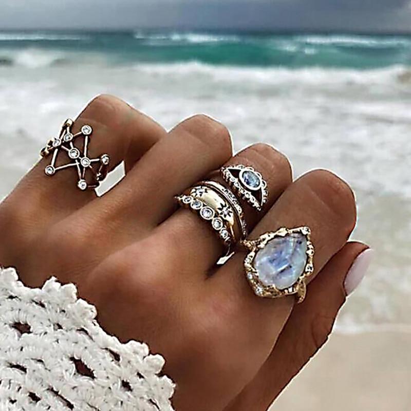 Boho Women Rings Set Compass Arrow Starfish Wave Moon Eyes Gem Gold Silver Color Opening Midi Ring Charm Lady Jewelry