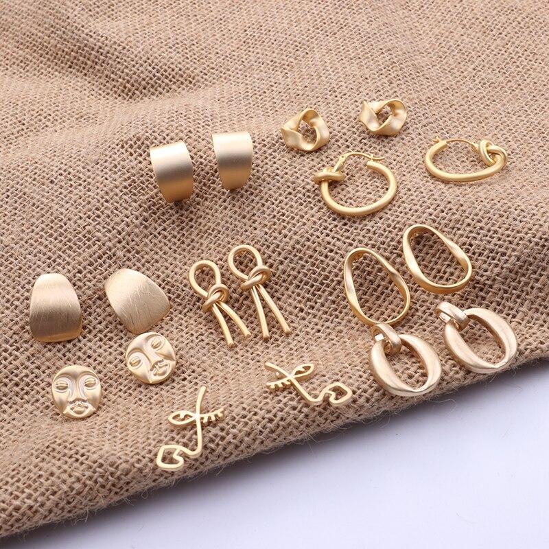 Modern Fashion Korean Luxury Metal Gold Color Stud Earring Elegant Simple Geometric Camber Circle Fine Knot Face Matte Irregular Ellipse Women Girl Jewelry