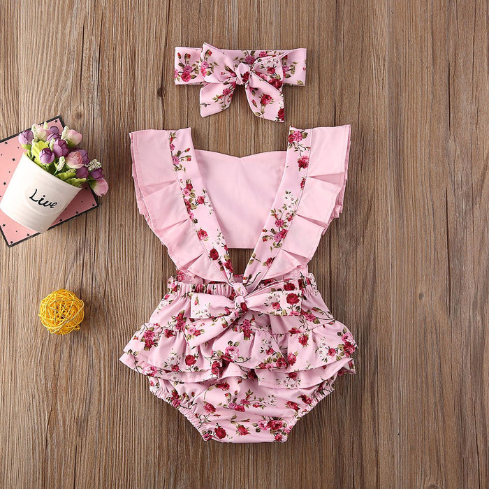 Luxury Modern Newborn Baby Girl Clothes Polka Dot Print Flower Fly Sleeve Romper Jumpsuit Headband 2Pcs Outfits For Girls