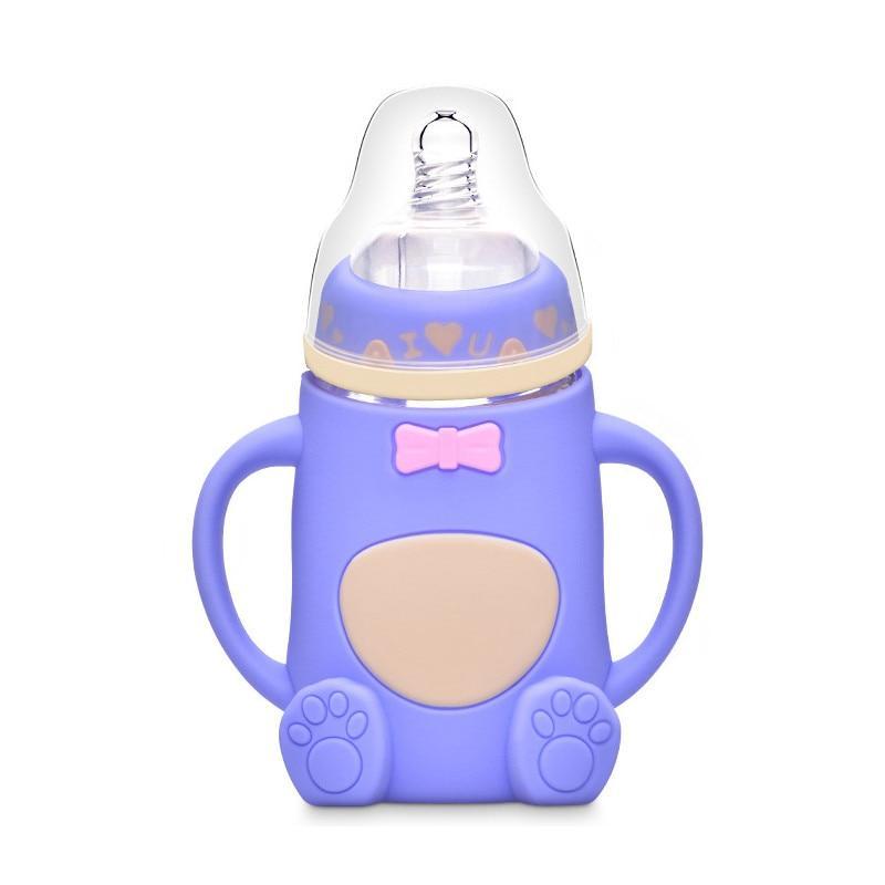 Infant Cartoon Baby Cute Feeding Glass Bottle Safe Silicone Milk Bottle With Handle Newborn Drink Training Colorful Feeding Bottles